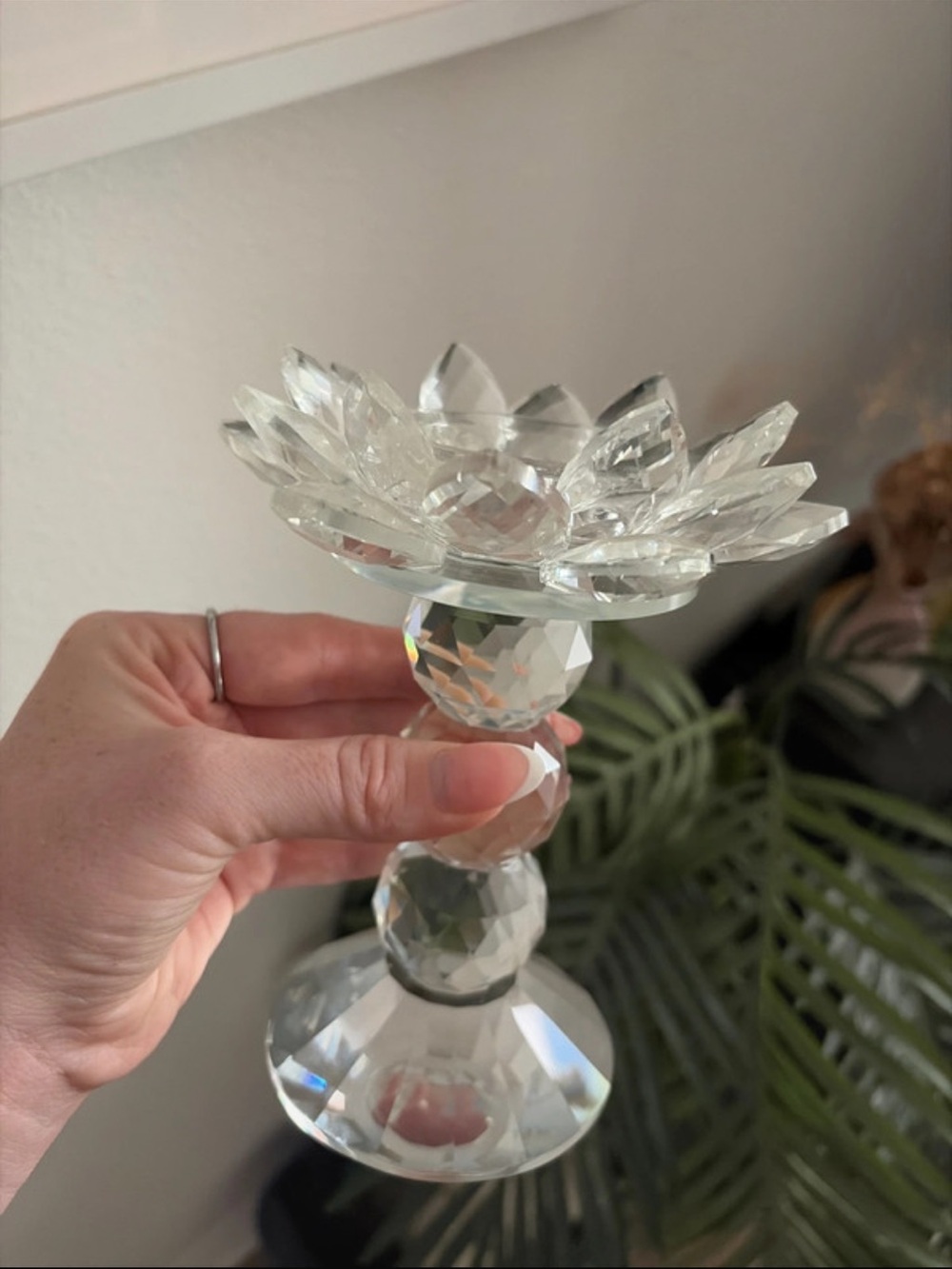 Source Unknown Clear Faceted Lotus Candle Holder
